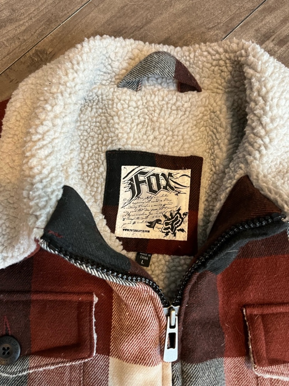 Fox Racing Sherpa-Lined Plaid Jacket in Rust and Cream
